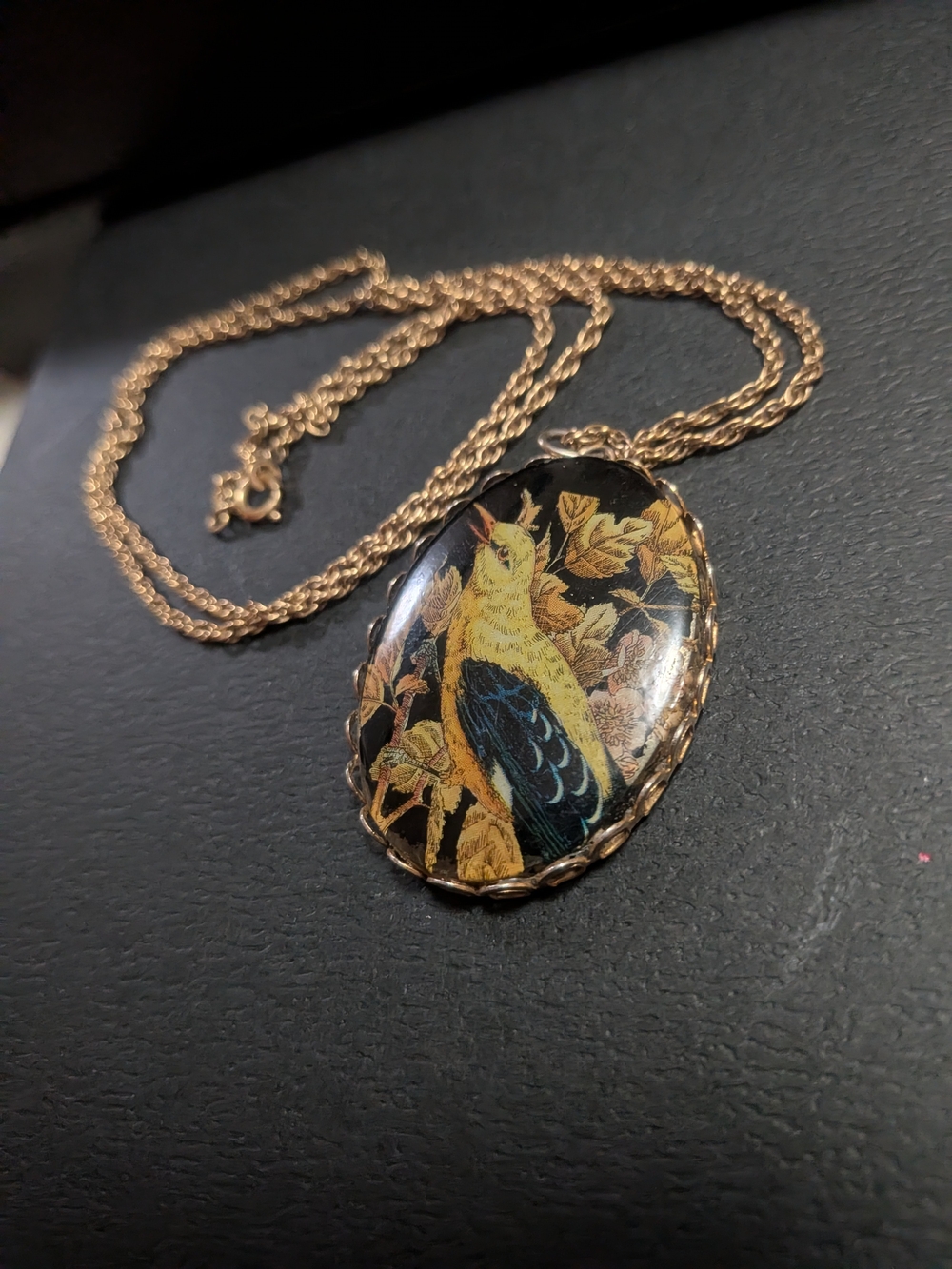 Vintage West German Porcelain Golden Oriole Bird Cabochon Necklace
